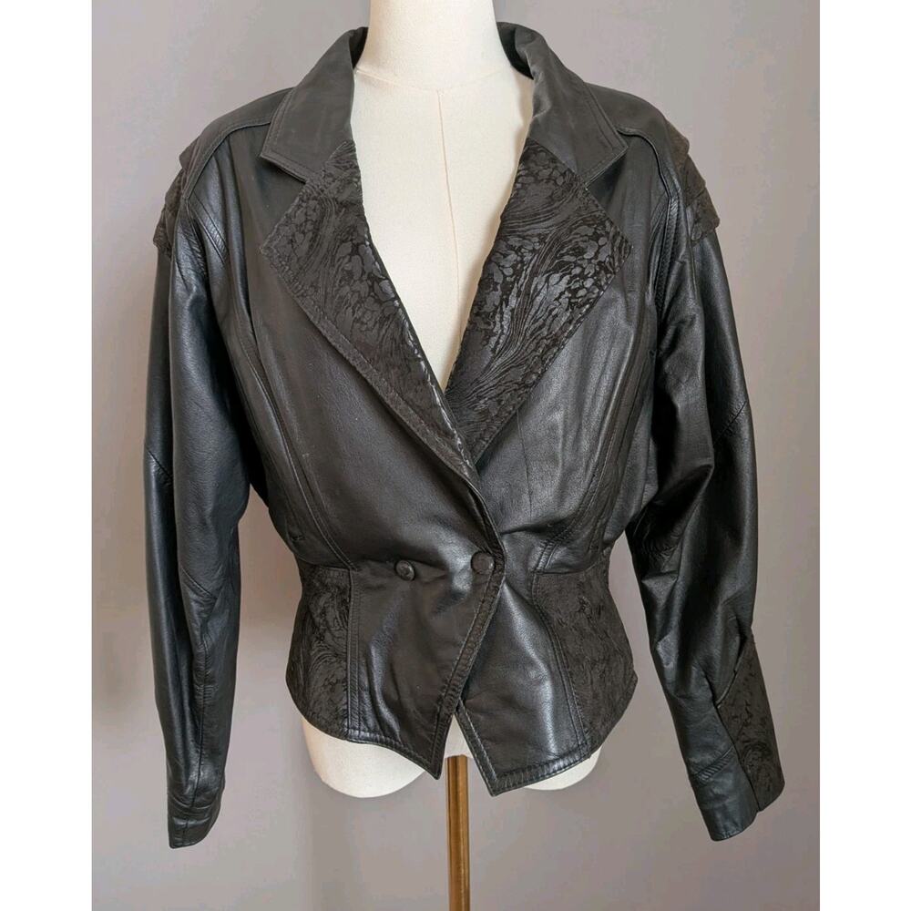 Vntg Wilsons Leather Black Cropped Biker Jacket Large Textured Belted 90s Y2K L